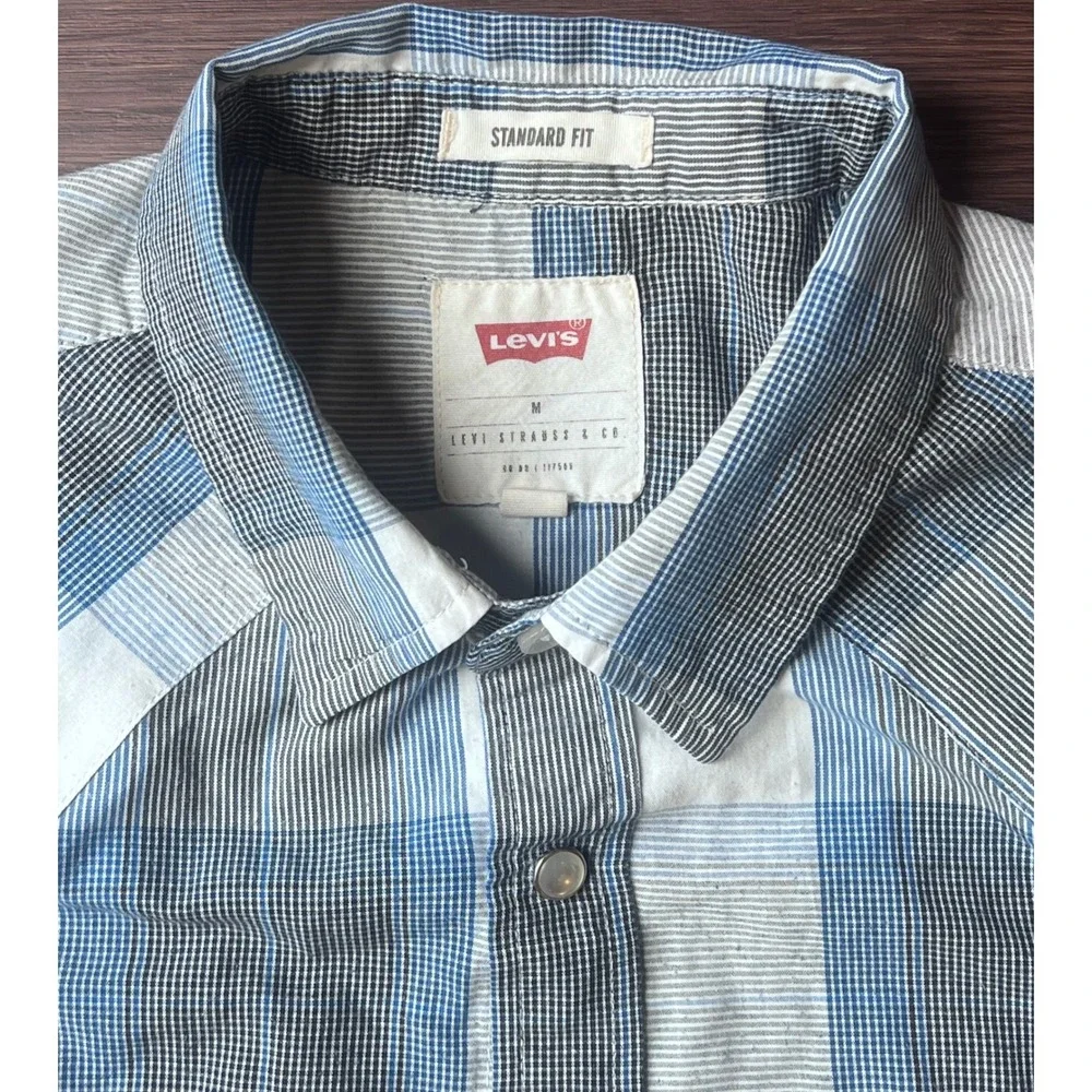 Levis Mens Western Shirt Blue White Plaid Pearl Snap Standard Fit M Long Slv